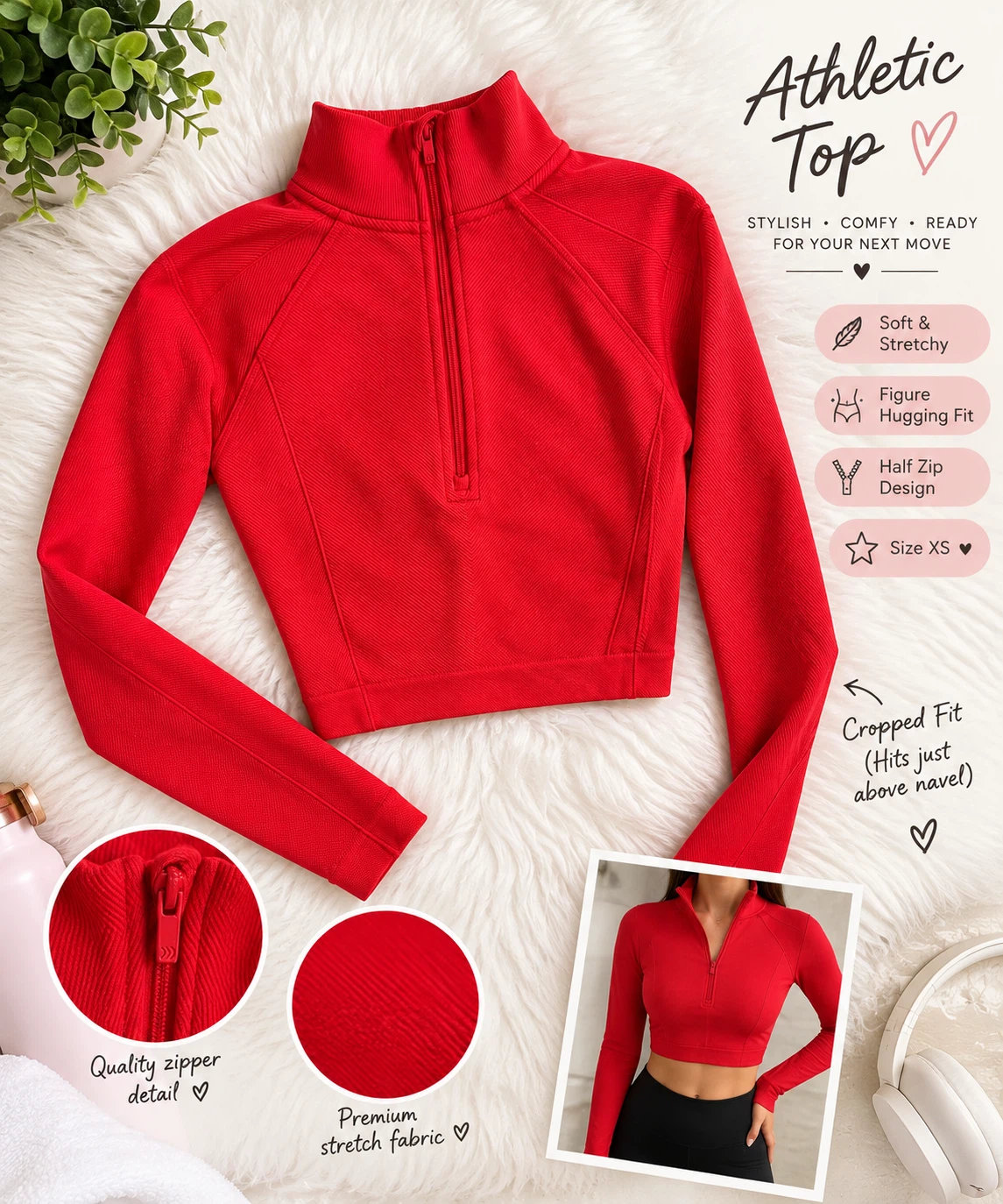 Red Half-Zip Cropped Athletic Top - Size XS - photo 3