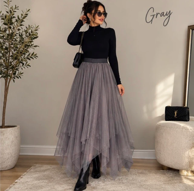 Asymmetric Tulle Maxi Skirt