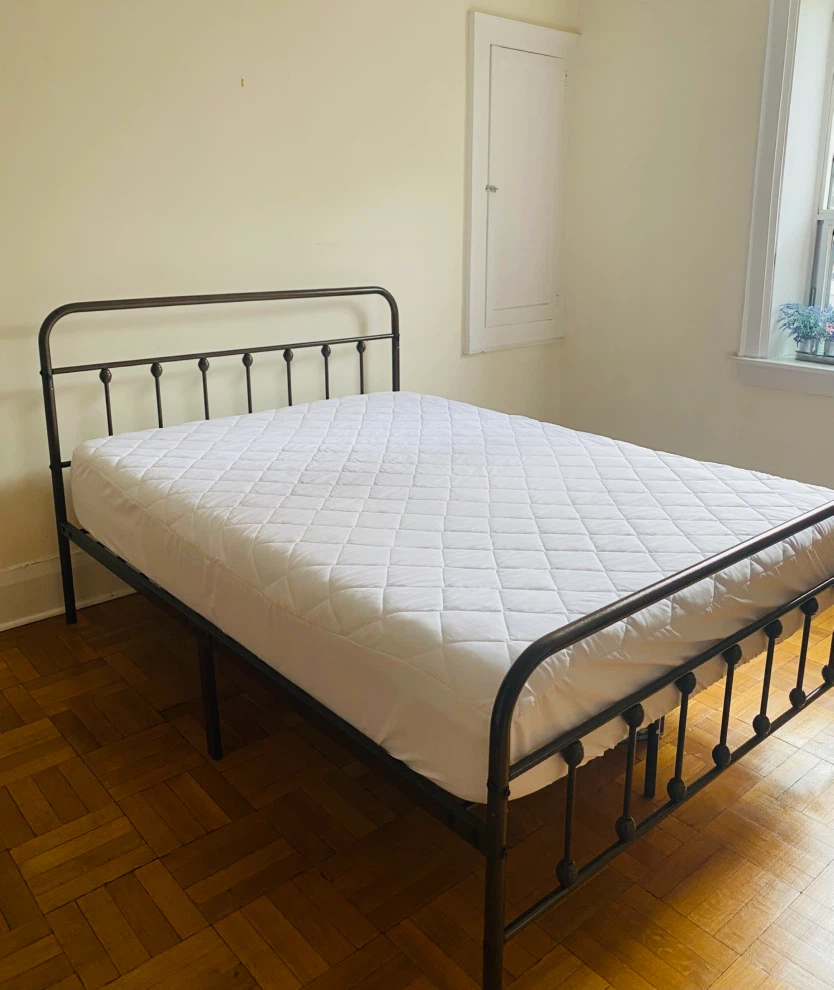 Full Size Metal Bed Frame + mattress + 2 mattress covers