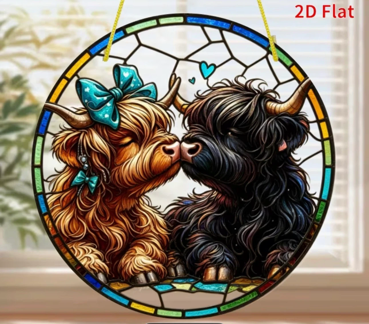 2D acrylic sun catcher, kissing highland cows