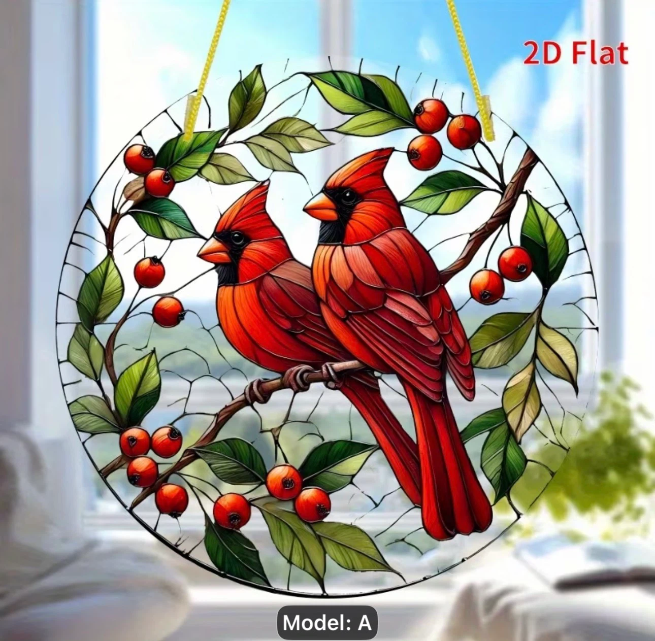 2D acrylic sun catcher, 2 cardinals, new