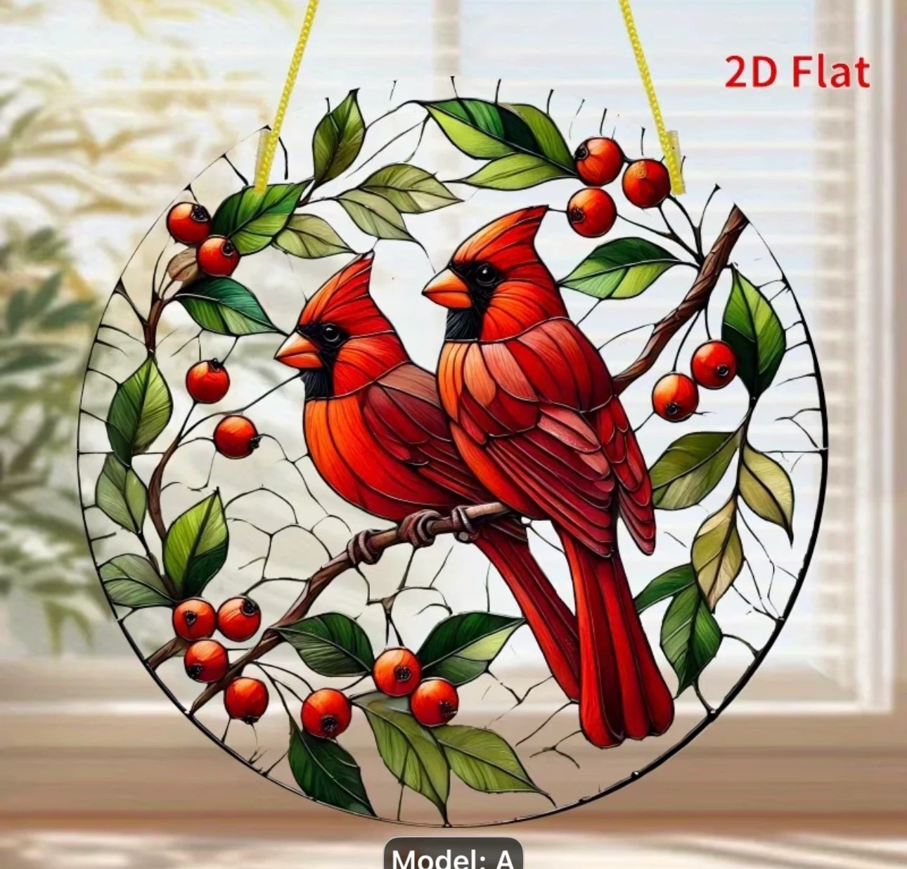 2D acrylic sun catcher, 2 cardinals, new - photo 2