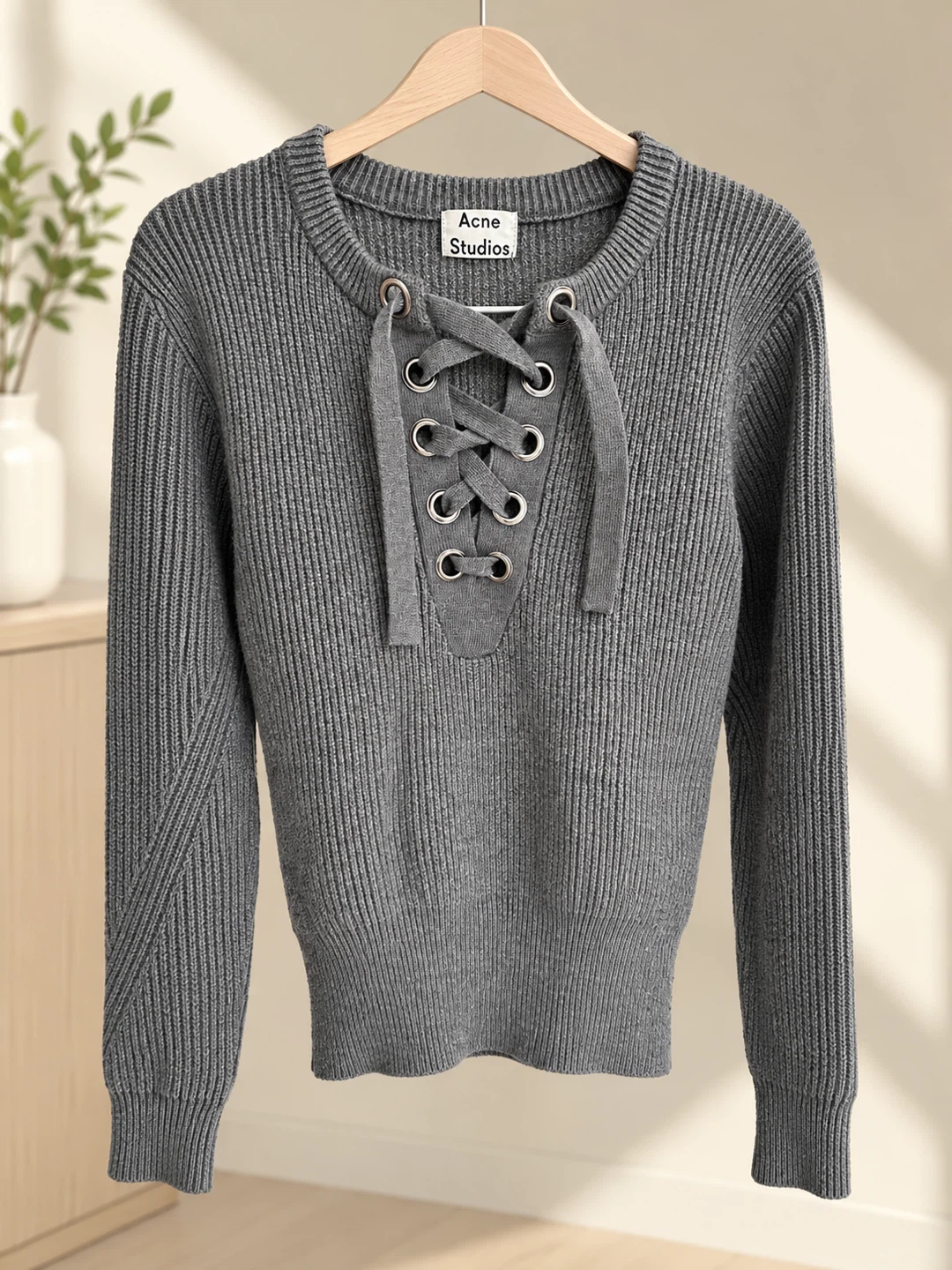 Acne Studios Grey Lace-Up Ribbed Sweater