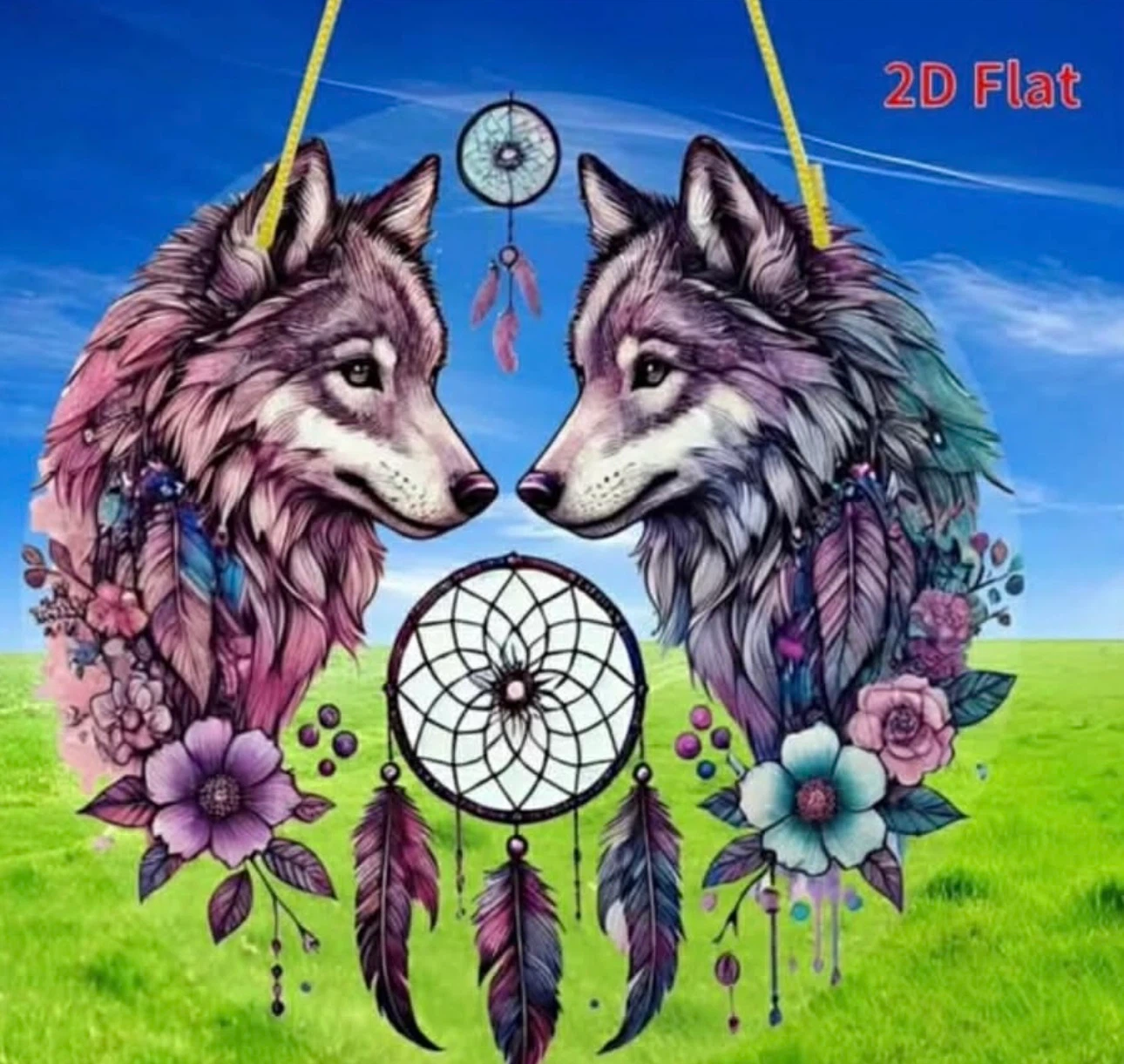 2D acrylic sun catcher, twin wolves, new