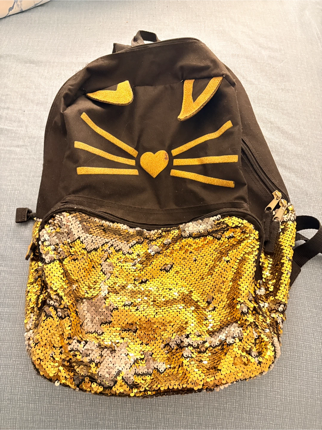 Black Cat Backpack with Gold Reversible Sequins