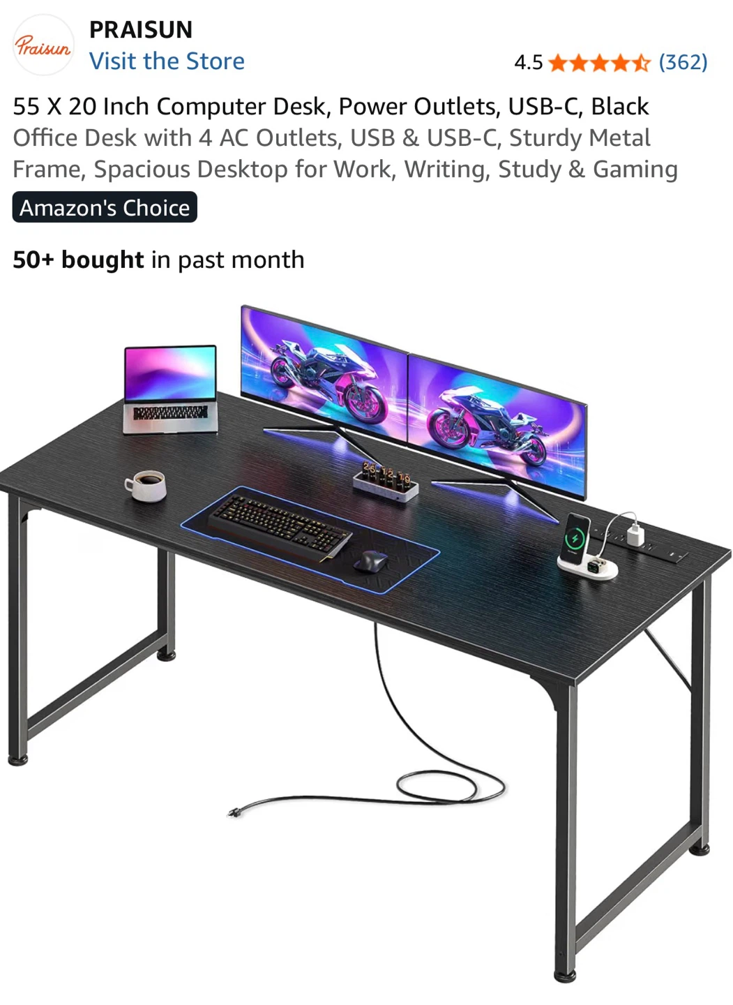 Praisun 55-Inch Computer Desk with Power Outlets