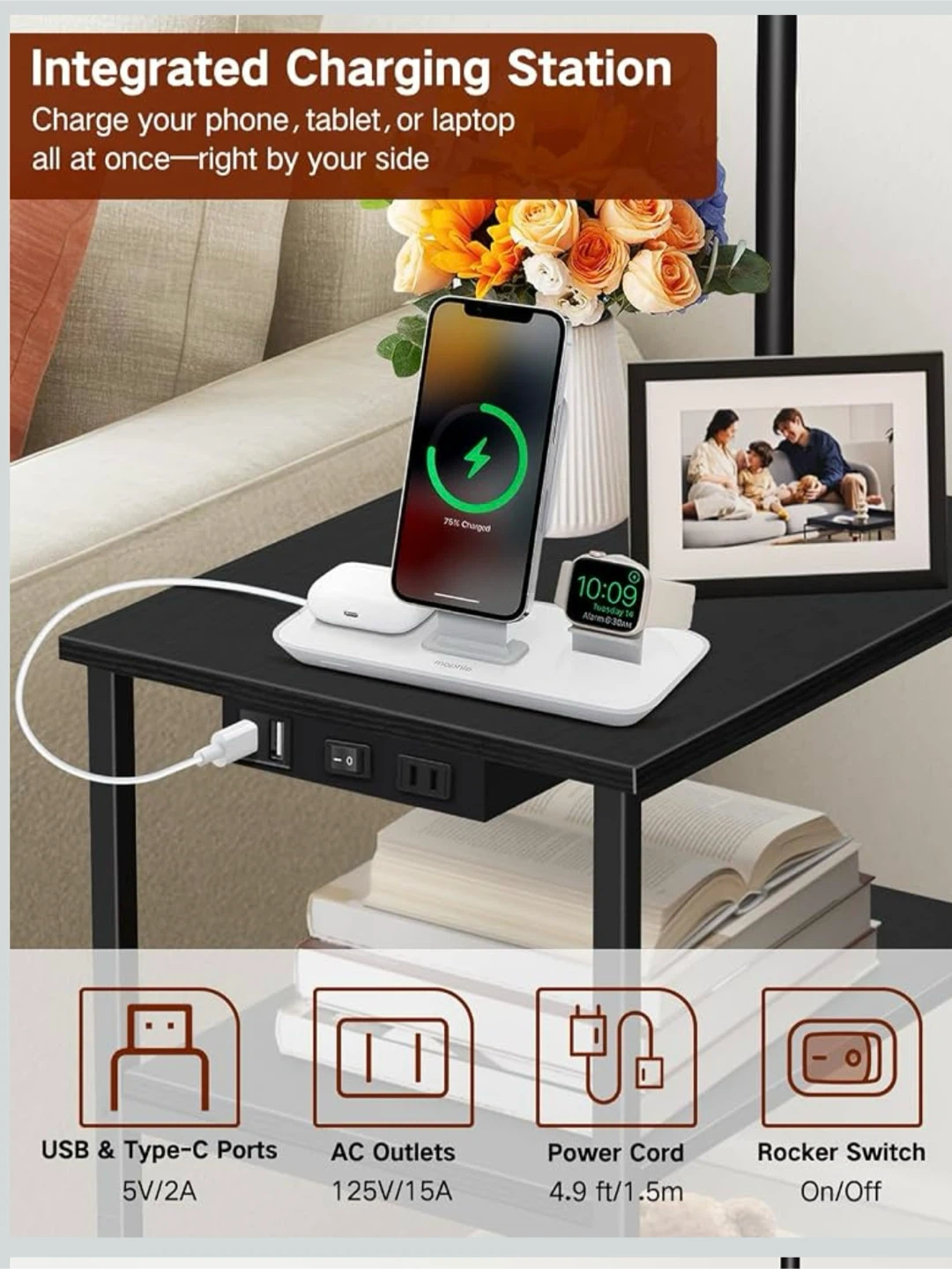 OUTONLIFE Floor Lamp with Table & Charging Station – White - photo 3