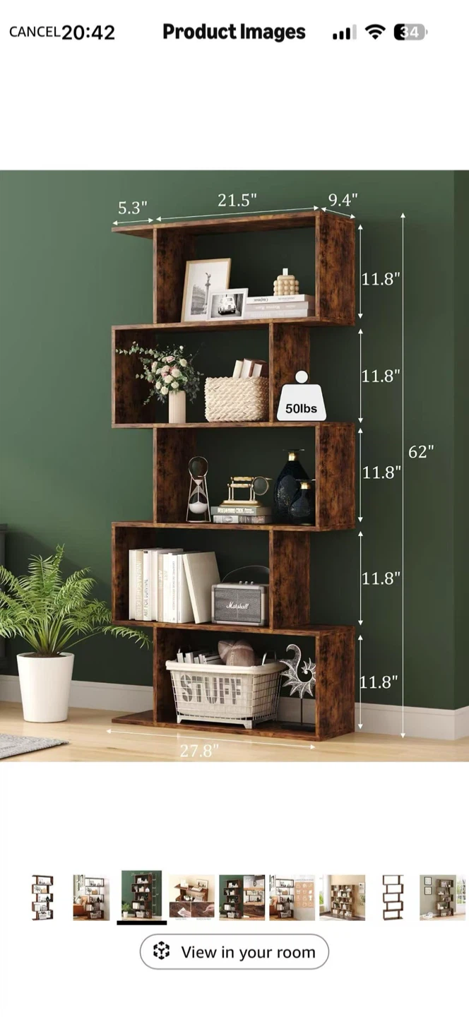 S-Shaped 5-Tier Bookshelf in Rustic Brown