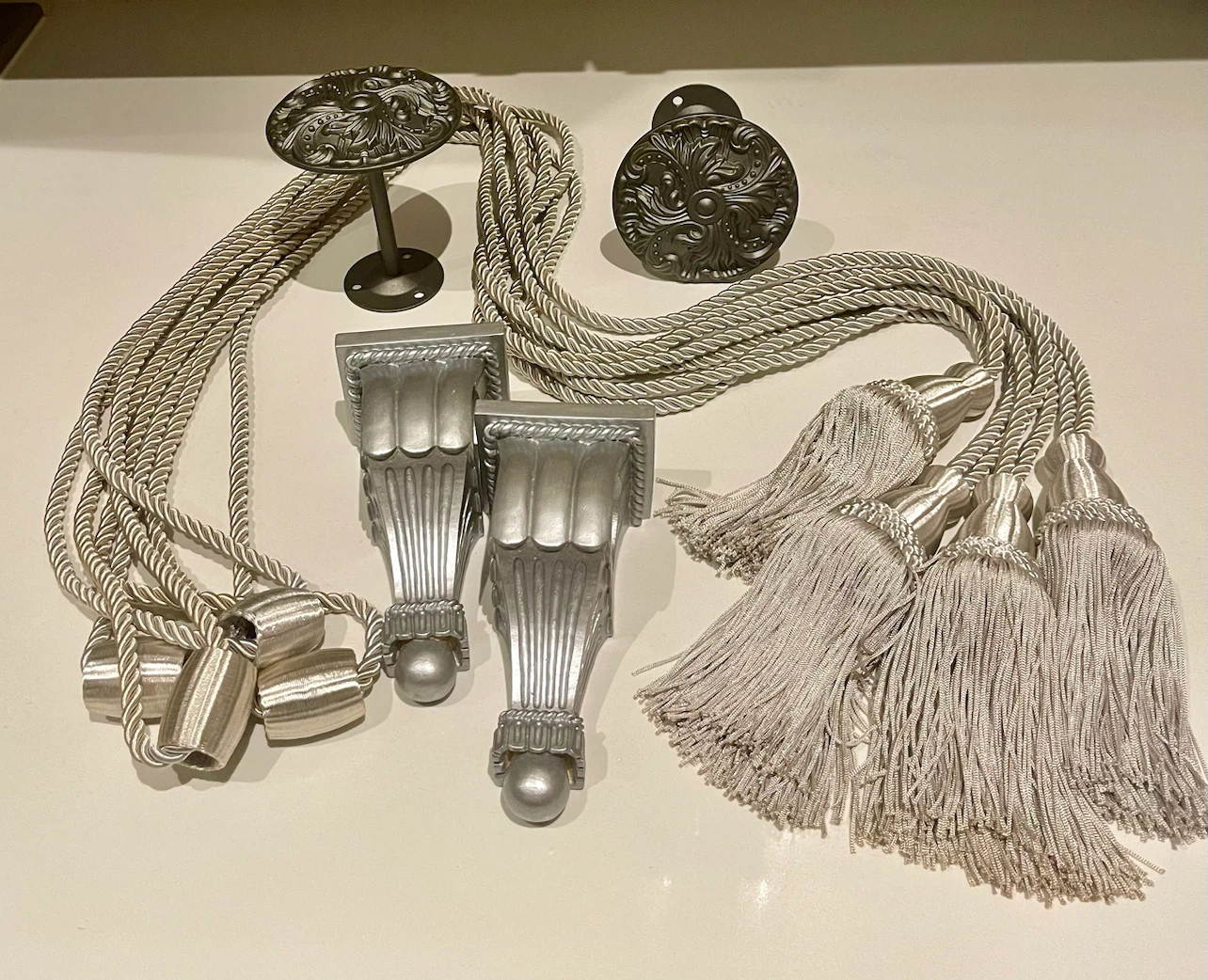 Silver Curtain Tiebacks and Brackets Set