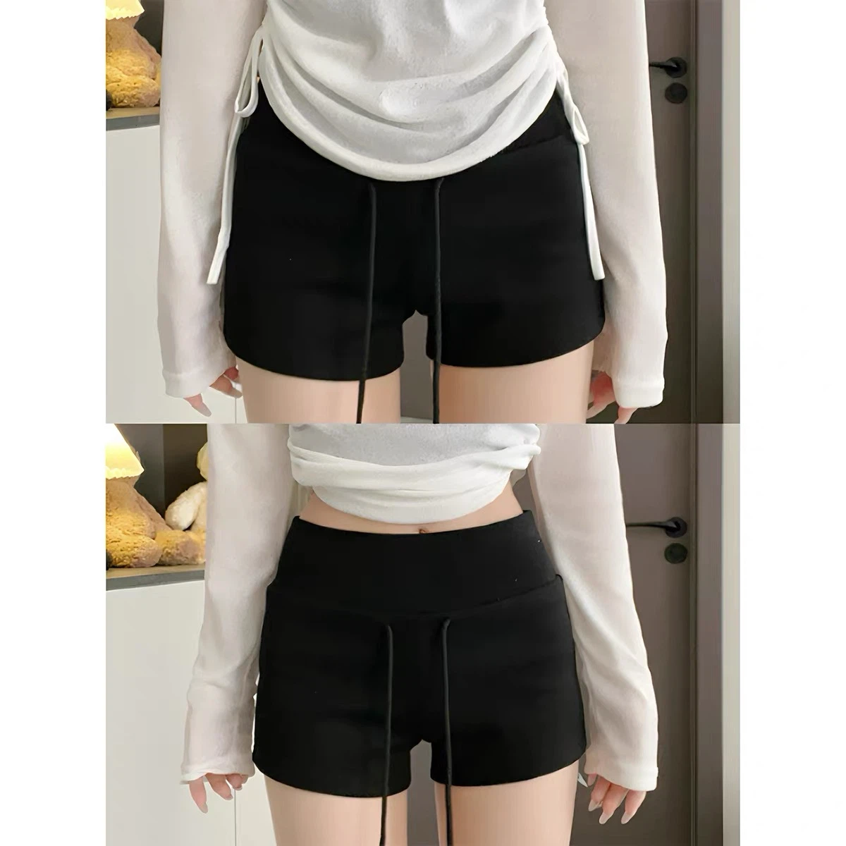 High-Waisted Black Drawstring Mini Shorts