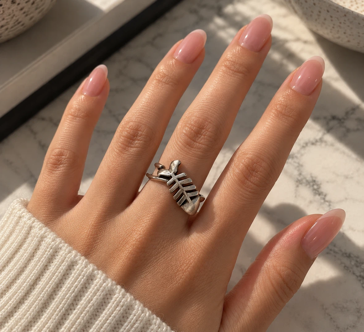 Authentic silver fish bone ring
