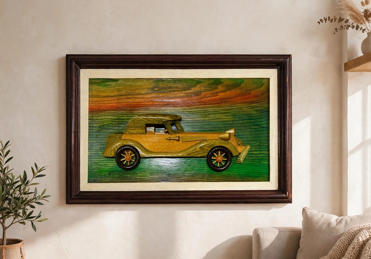 Vintage Hand-Carved Wood Classic Car Wall Art