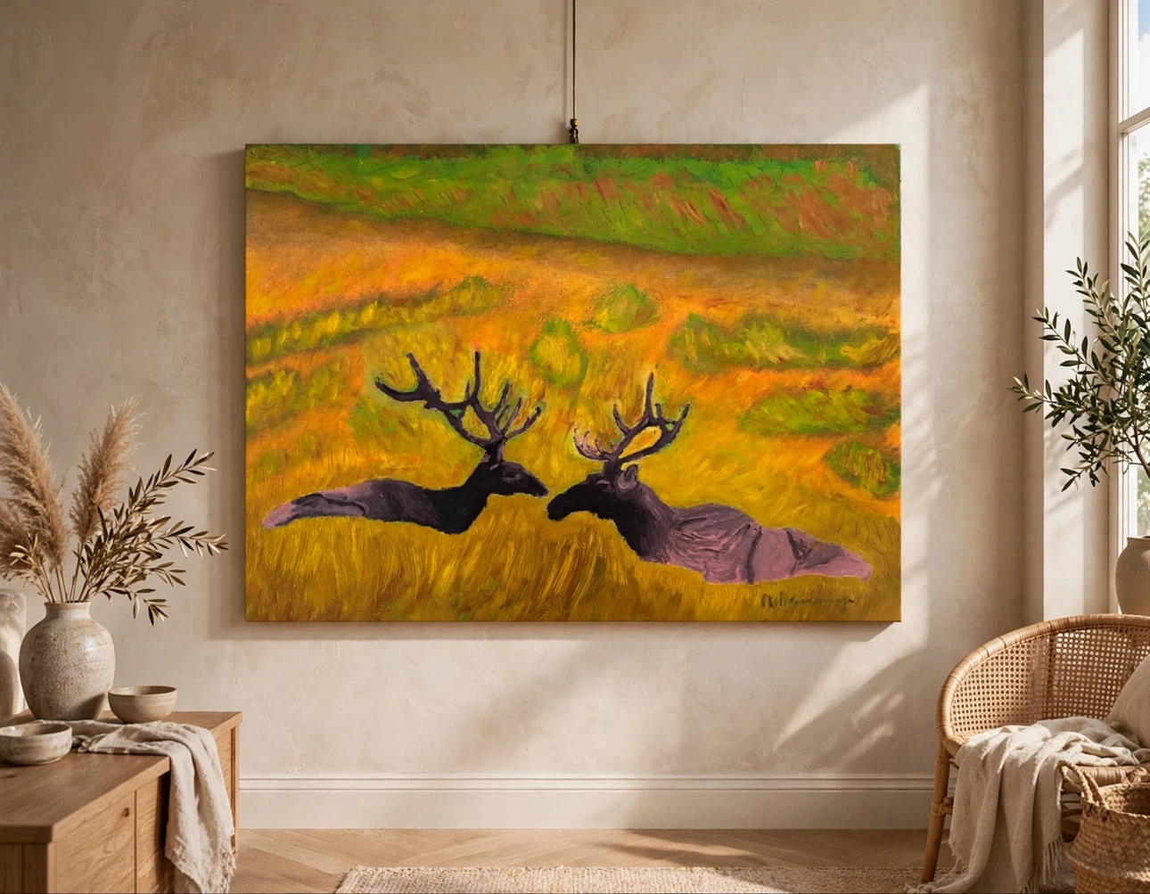 Large Oil Painting of Resting Deer