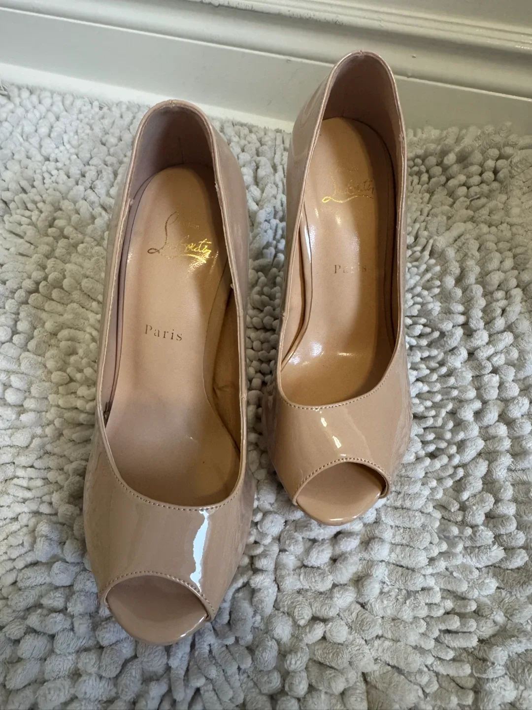Christian Louboutin Nude Patent Peep Toe Heels