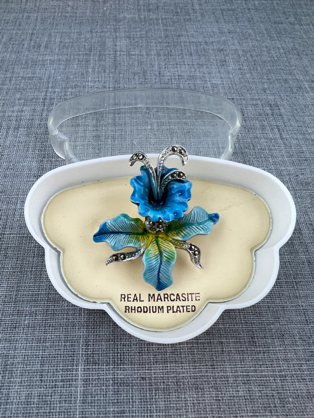 Stunning Vintage Enamel & Real Marcasite Orchid Brooch