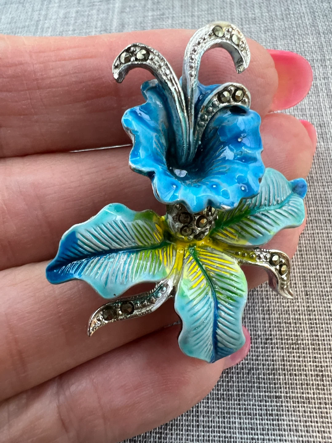 Stunning Vintage Enamel & Real Marcasite Orchid Brooch - photo 3