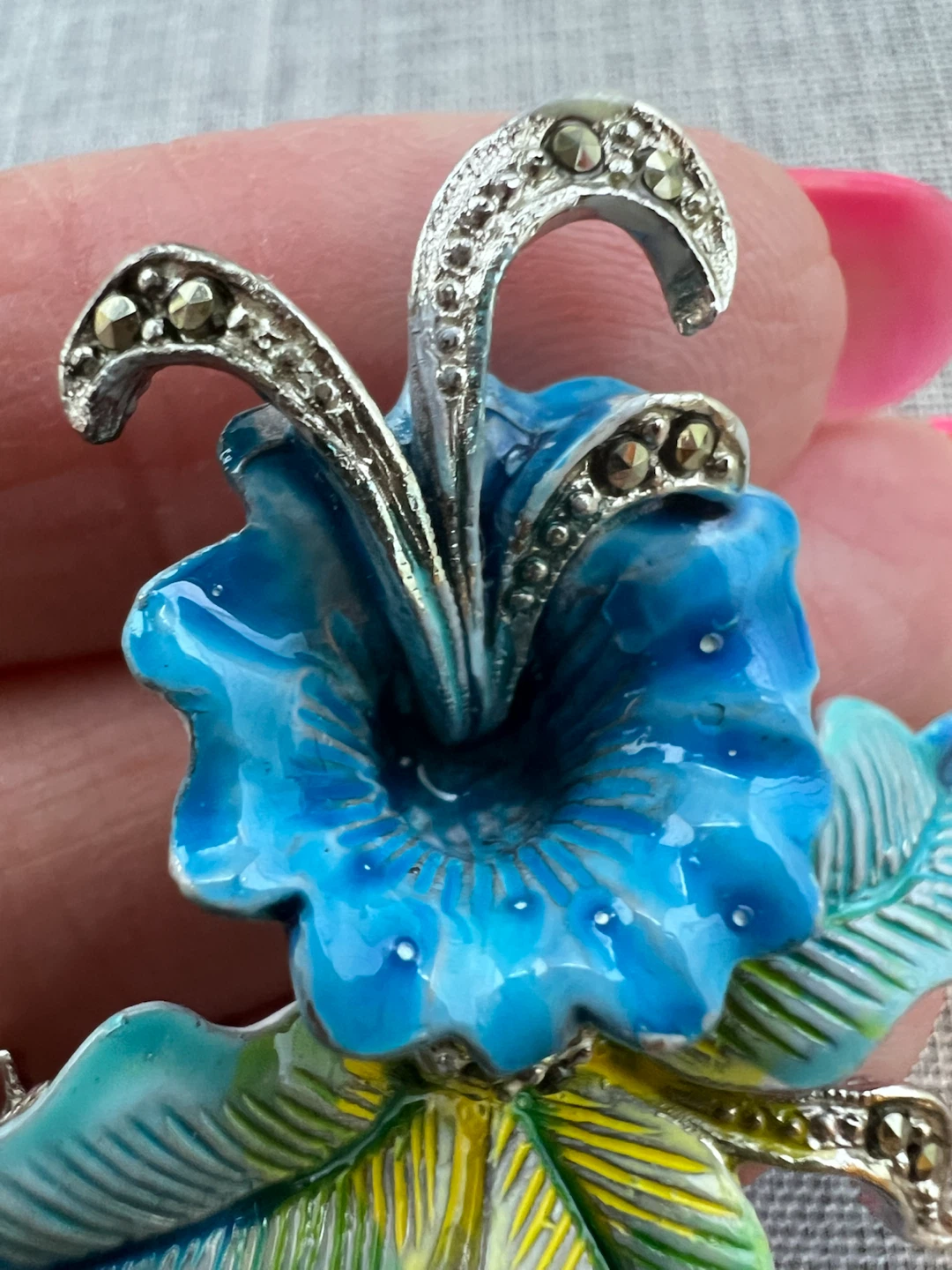Stunning Vintage Enamel & Real Marcasite Orchid Brooch - photo 4
