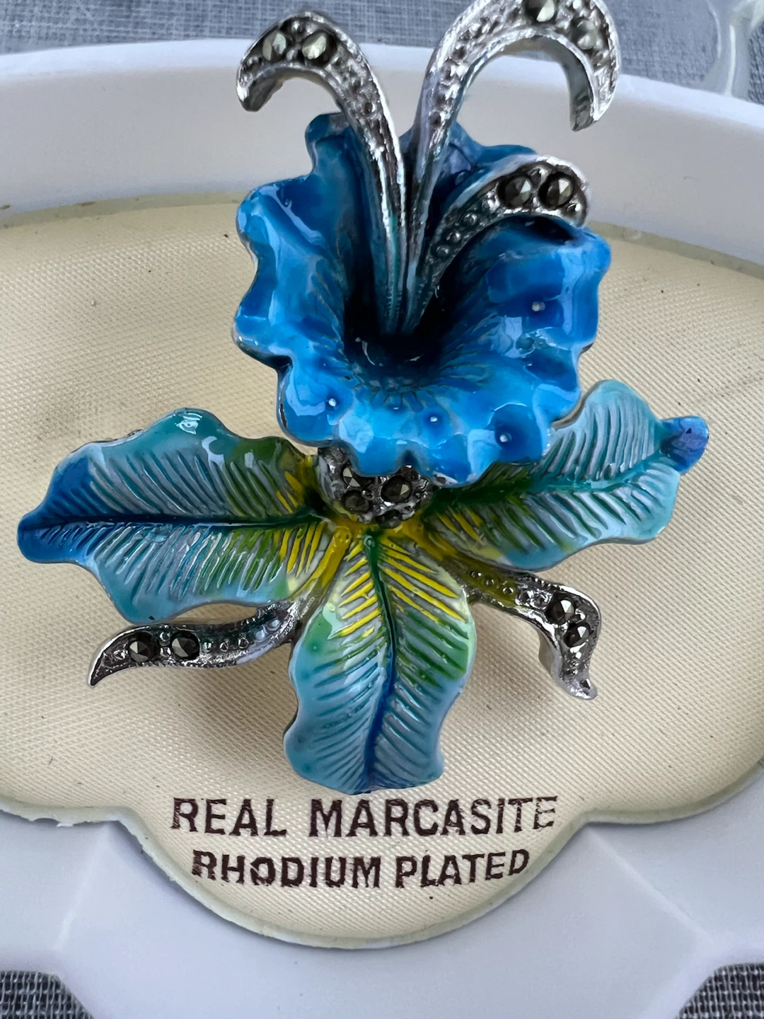 Stunning Vintage Enamel & Real Marcasite Orchid Brooch - photo 5