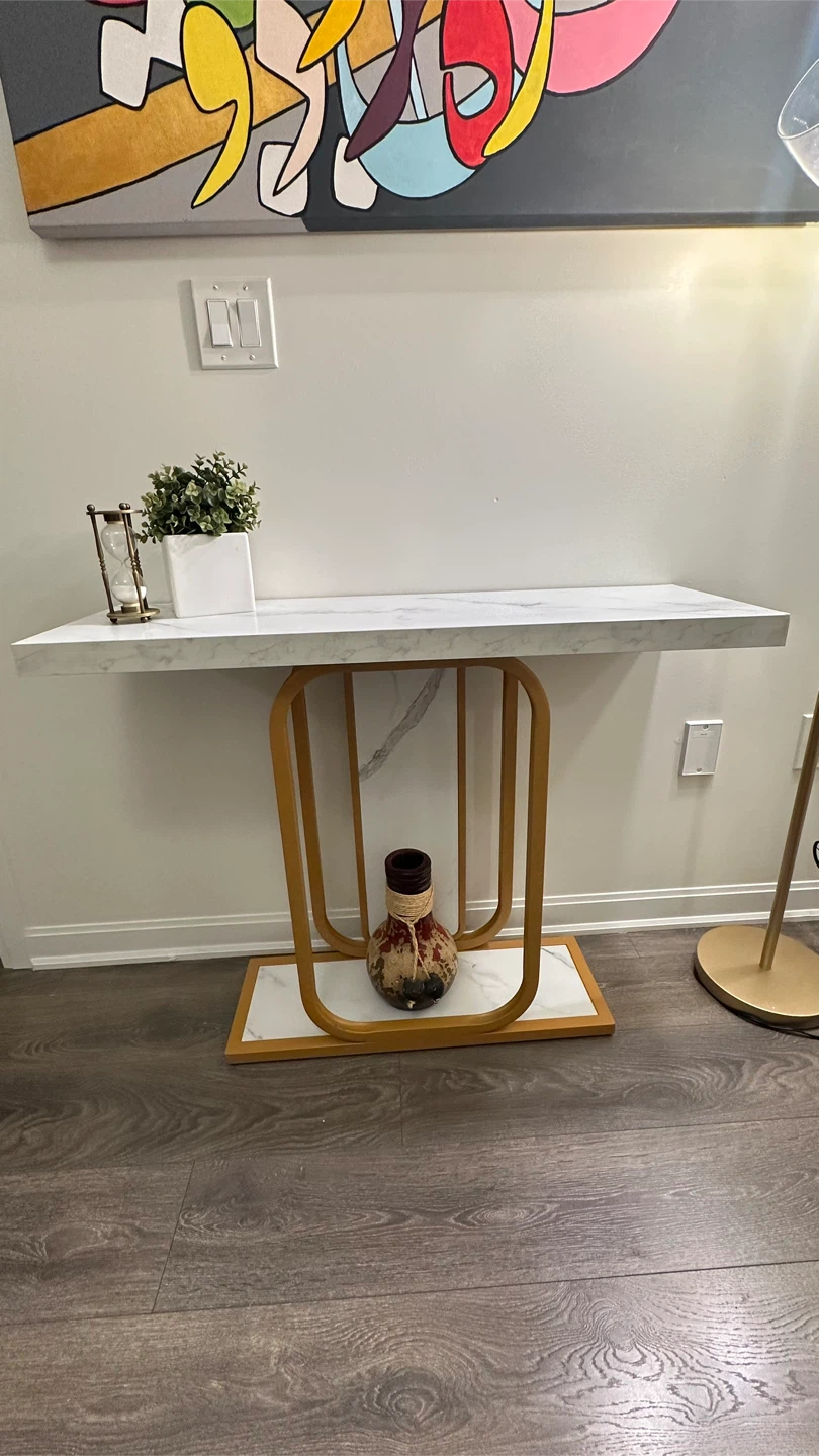 White Faux Marble Console Table with Gold Frame