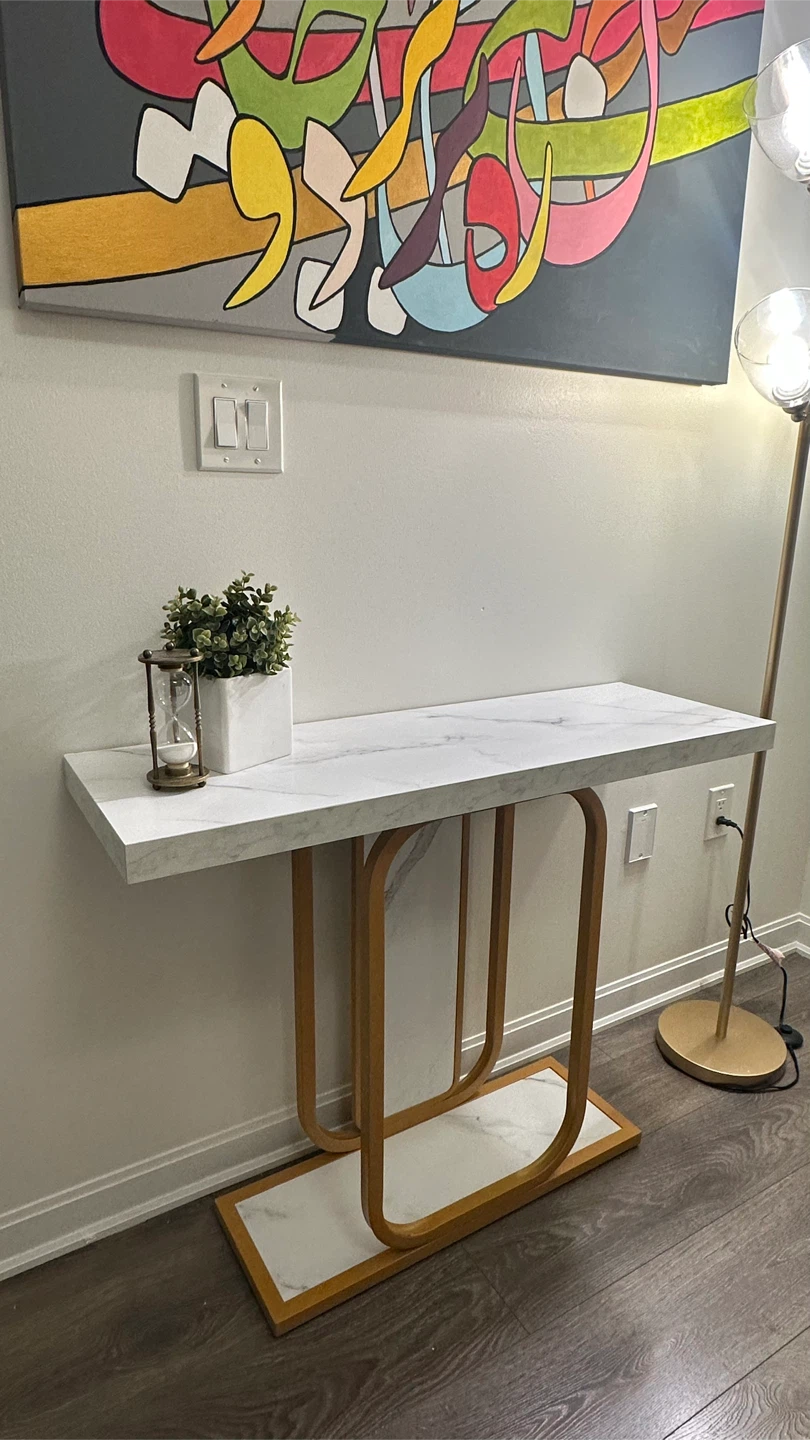White Faux Marble Console Table with Gold Frame - photo 2