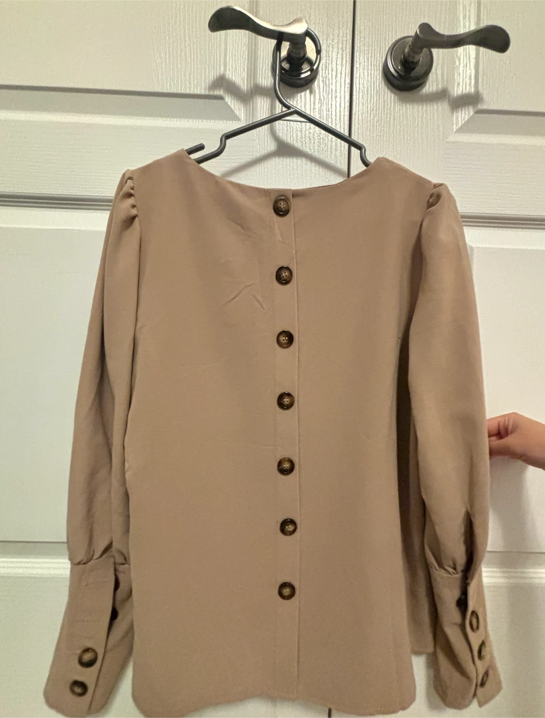Beige Long-Sleeve Button-Up Blouse