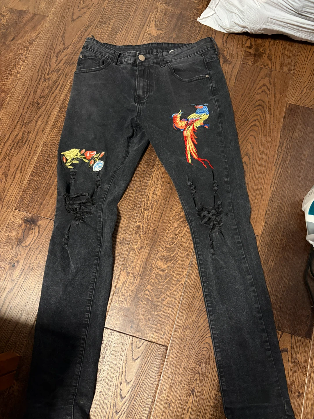 Black Embroidered Phoenix Distressed Jeans