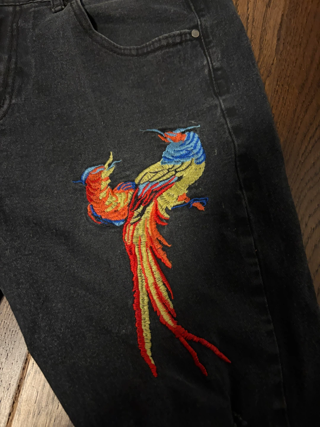 Black Embroidered Phoenix Distressed Jeans - photo 2