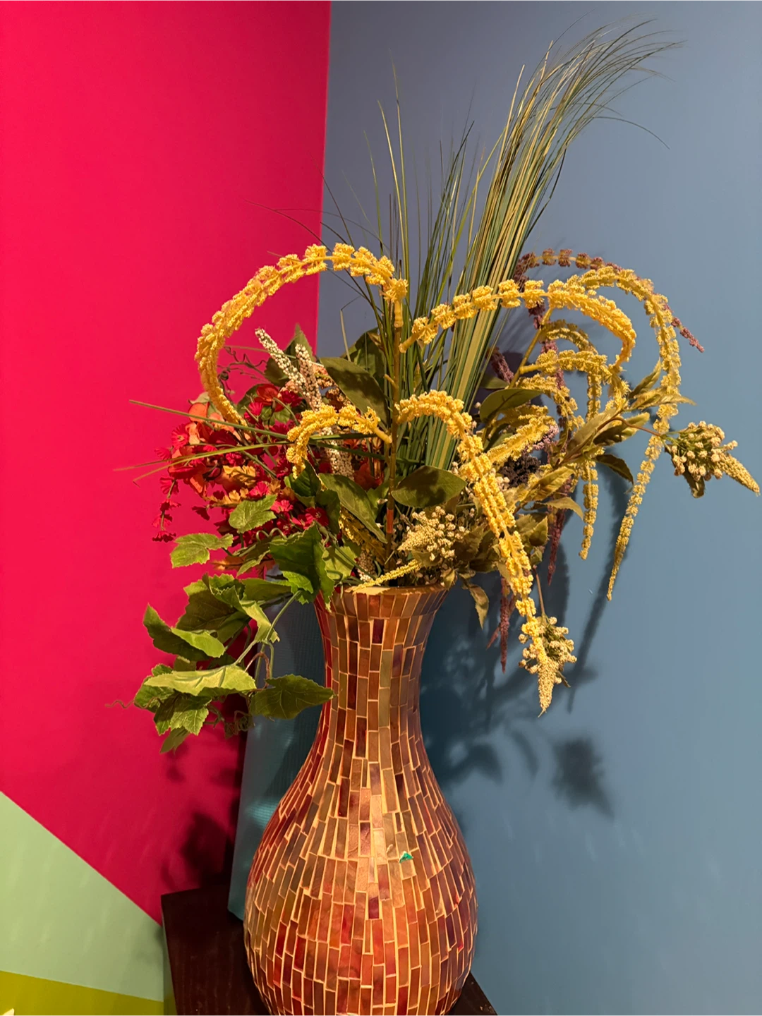 Mosaic glass vase with artificial arrangement