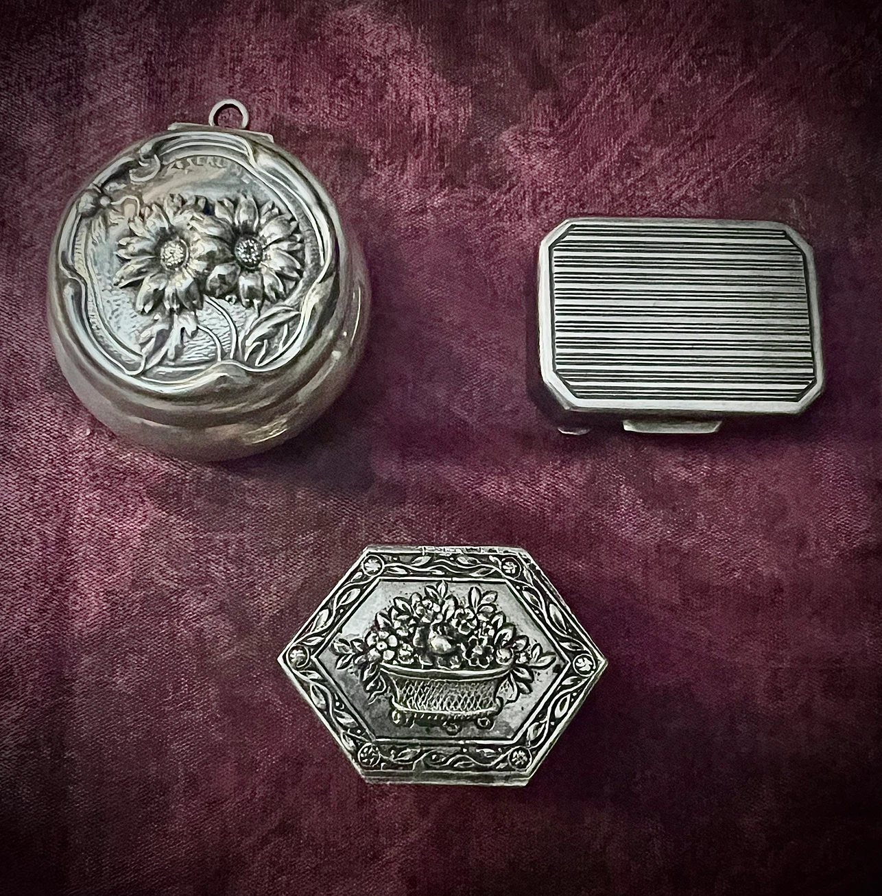 3 Antique Solid Silver Boxes: Art Nouveau, Deco, Continental.