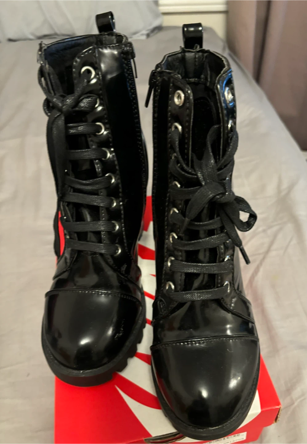 Black Patent Block Heel Lace-Up Boots