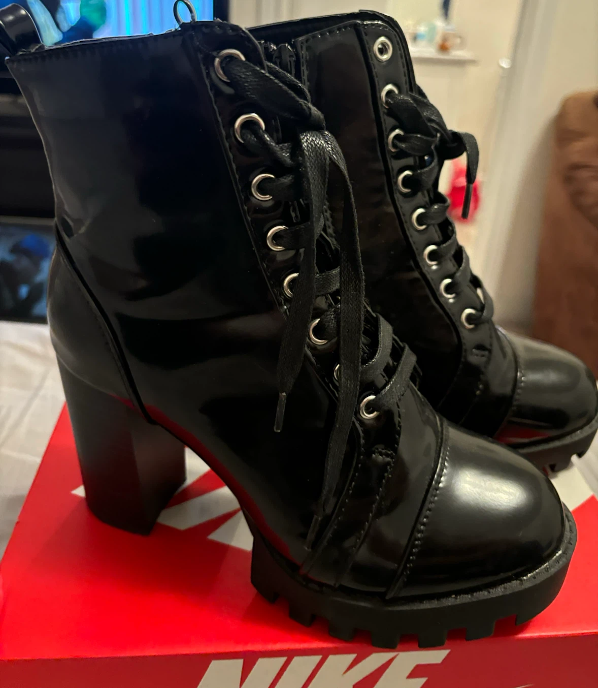 Black Patent Block Heel Lace-Up Boots - photo 2