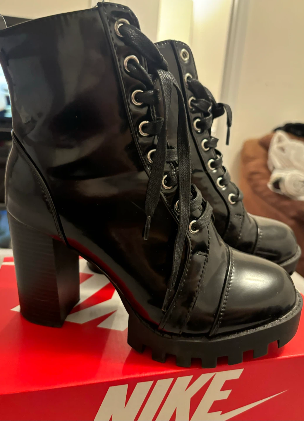 Black Patent Block Heel Lace-Up Boots - photo 3