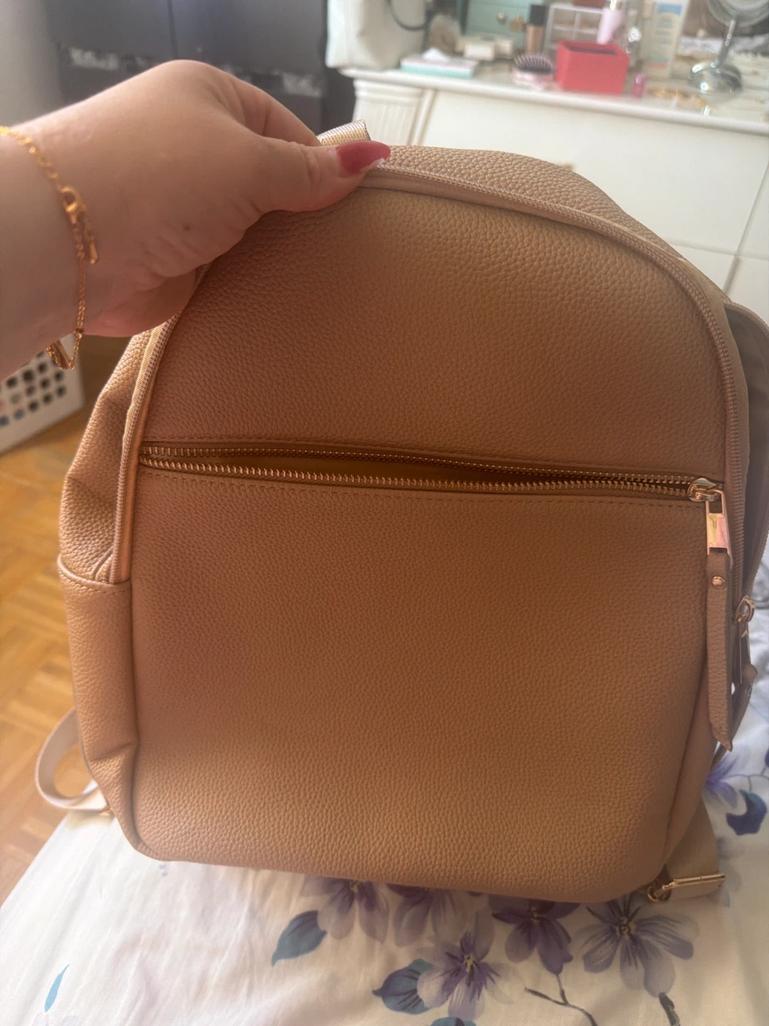 Beige Faux Leather Mini Backpack