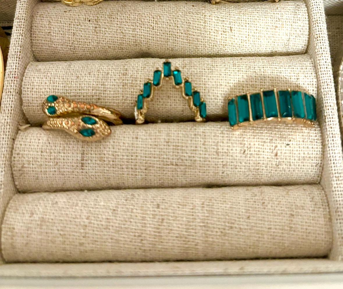 Set of Three Emerald-Tone Fashion Rings