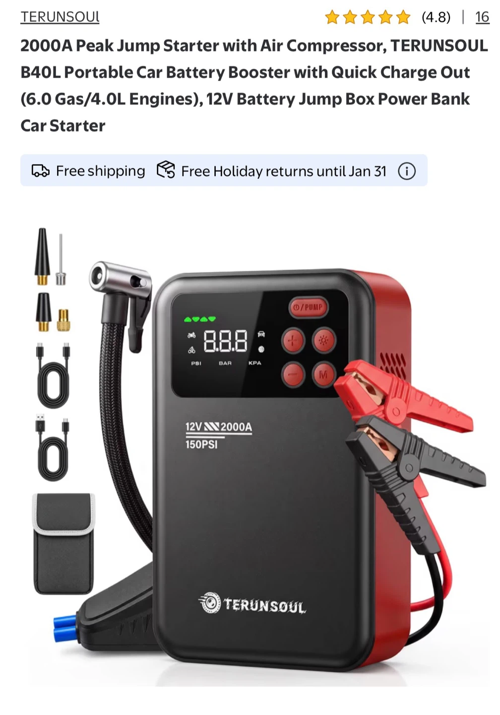 TERUNSOUL 2000A Jump Starter with Air Compressor