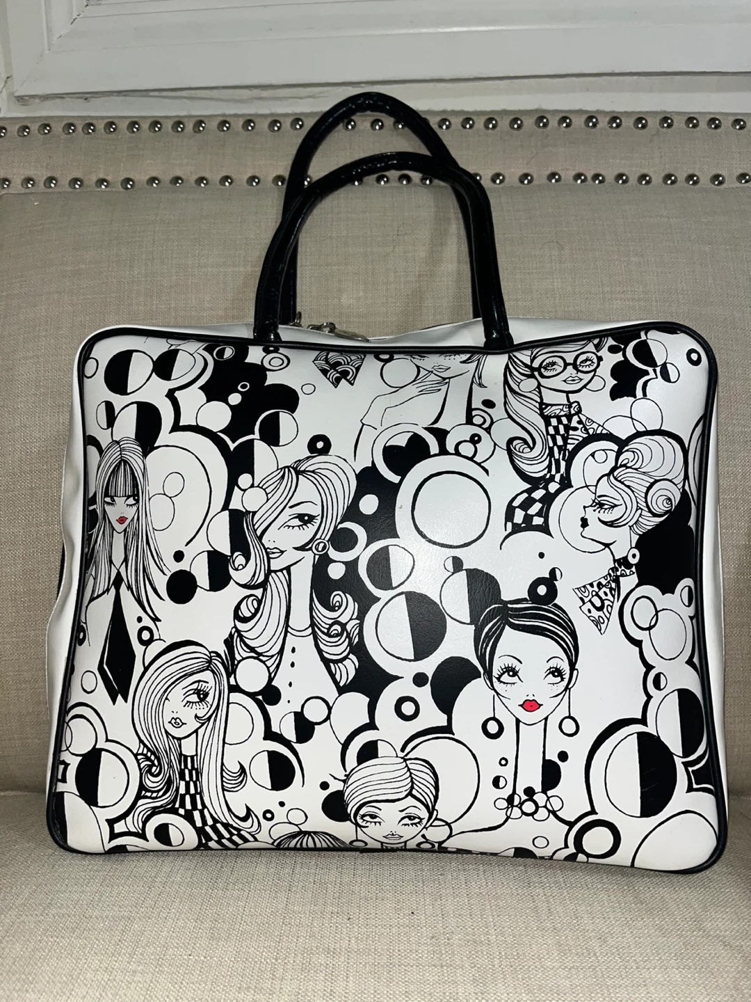 Miss Fluff Zip Laptop Tote Bag Black White Graphic Retro 60s