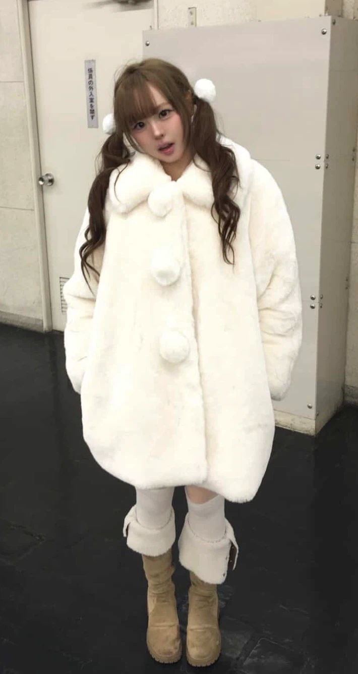 Big Ivory Pompom Fur Coat
