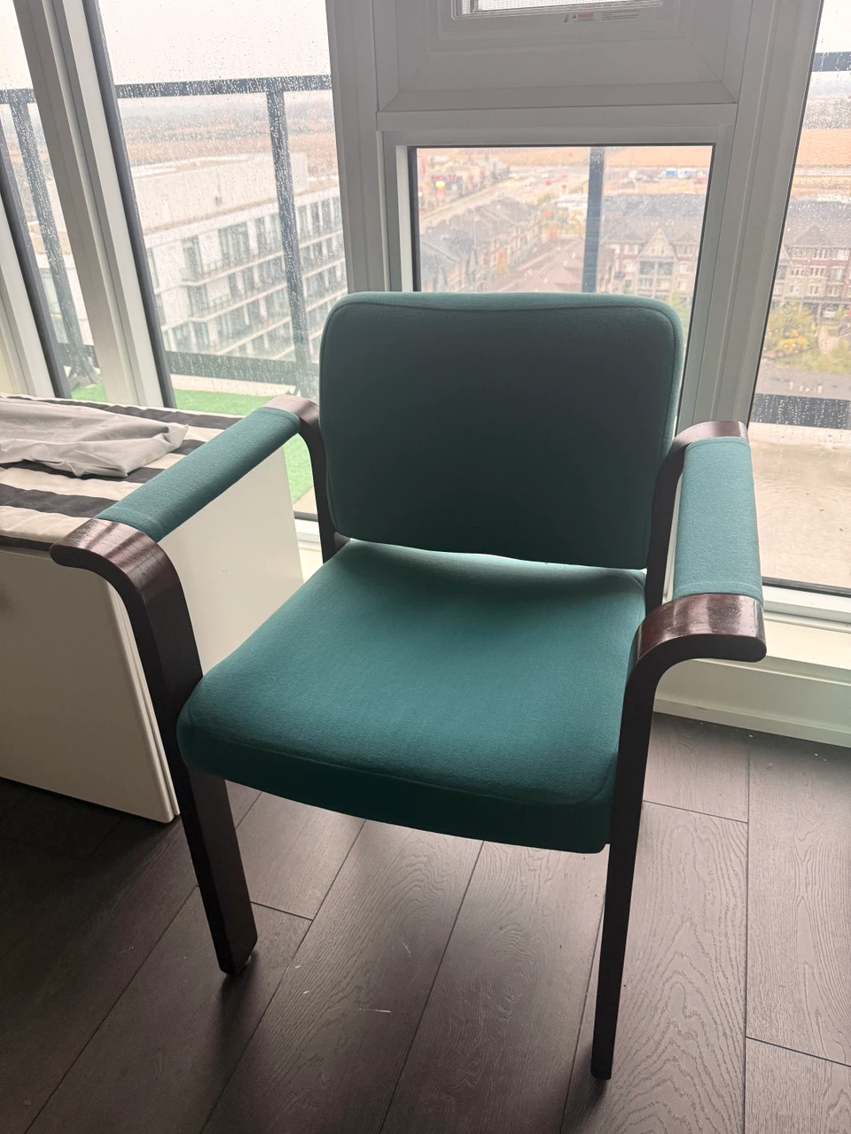 Two Teal Fabric Armchairs with Wood Frames - photo 2