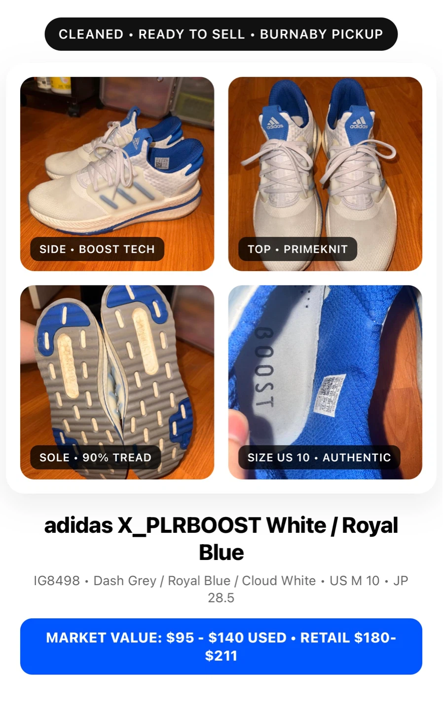 Adidas X_PLRBOOST White/Royal Blue Sneakers 10.5 OBO - photo 2