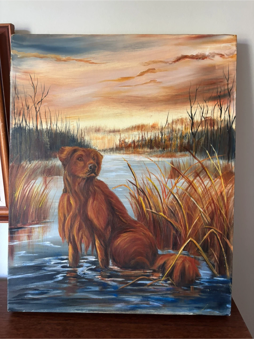 Original Oil Painting - Golden Retriever Hunting in Wetlands