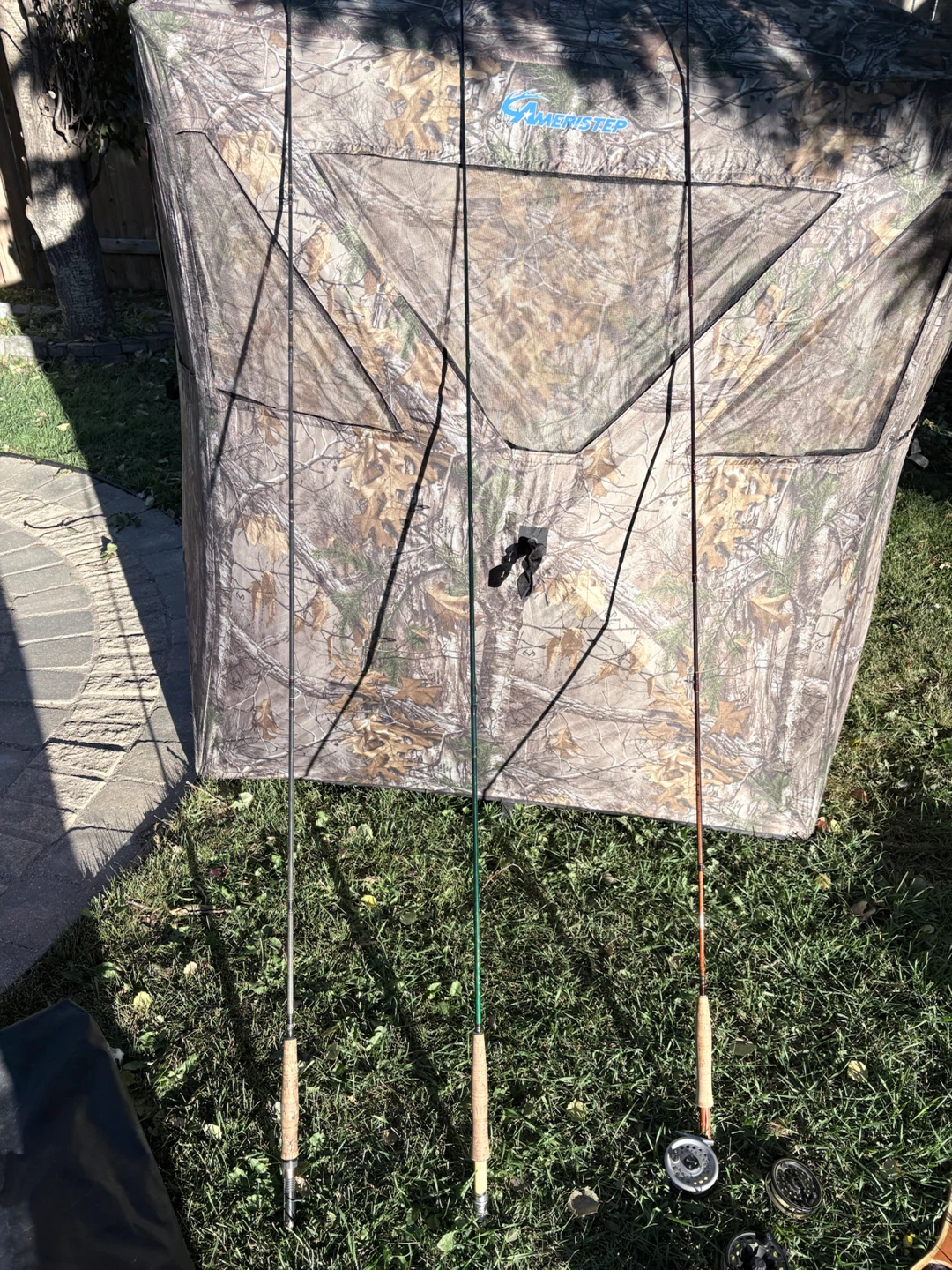 Fly Fishing rods, waders, boots, and ground blind