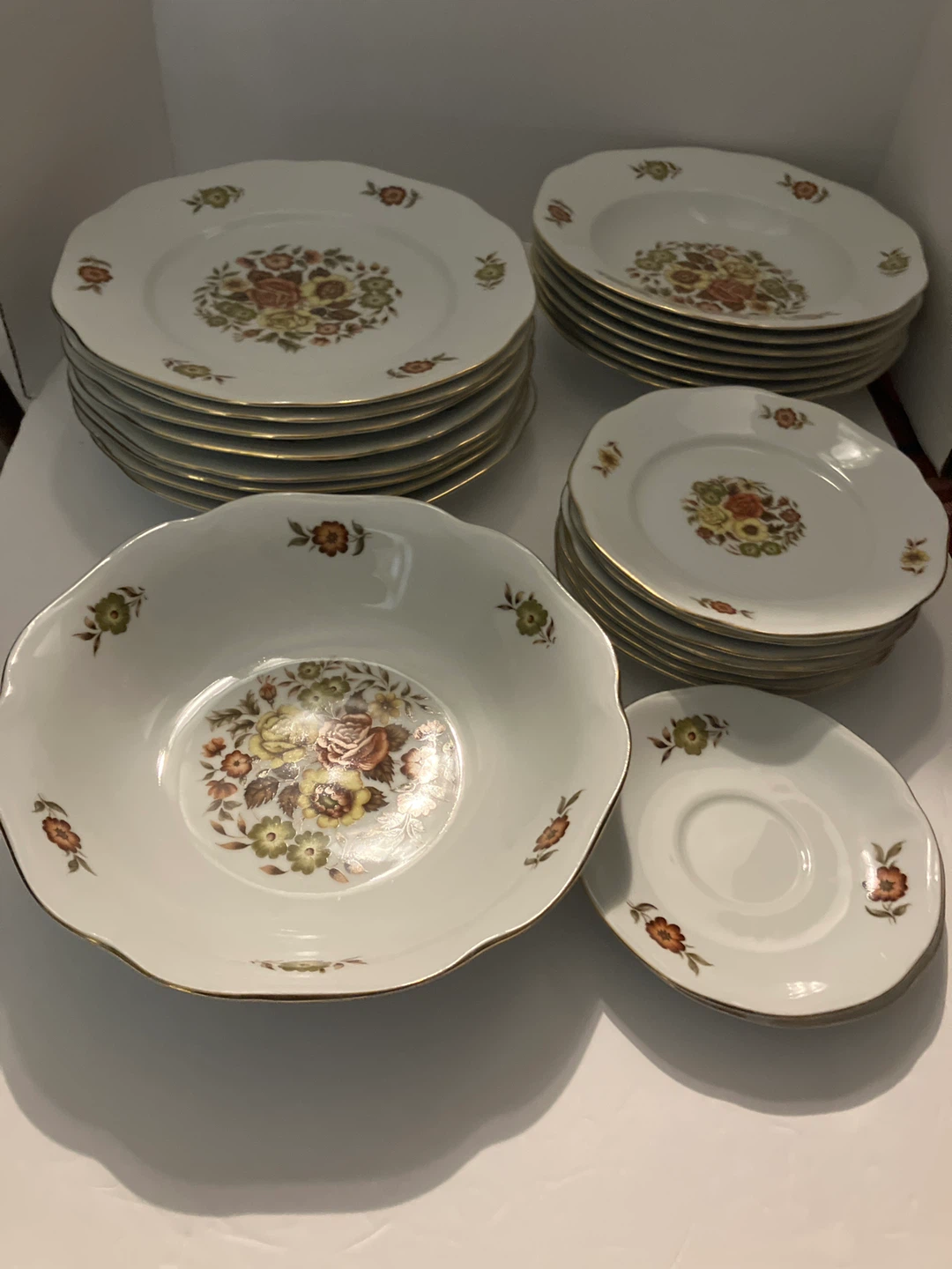 Vintage Czech Orion Floral Dinner Plate Set  with Gold Trim