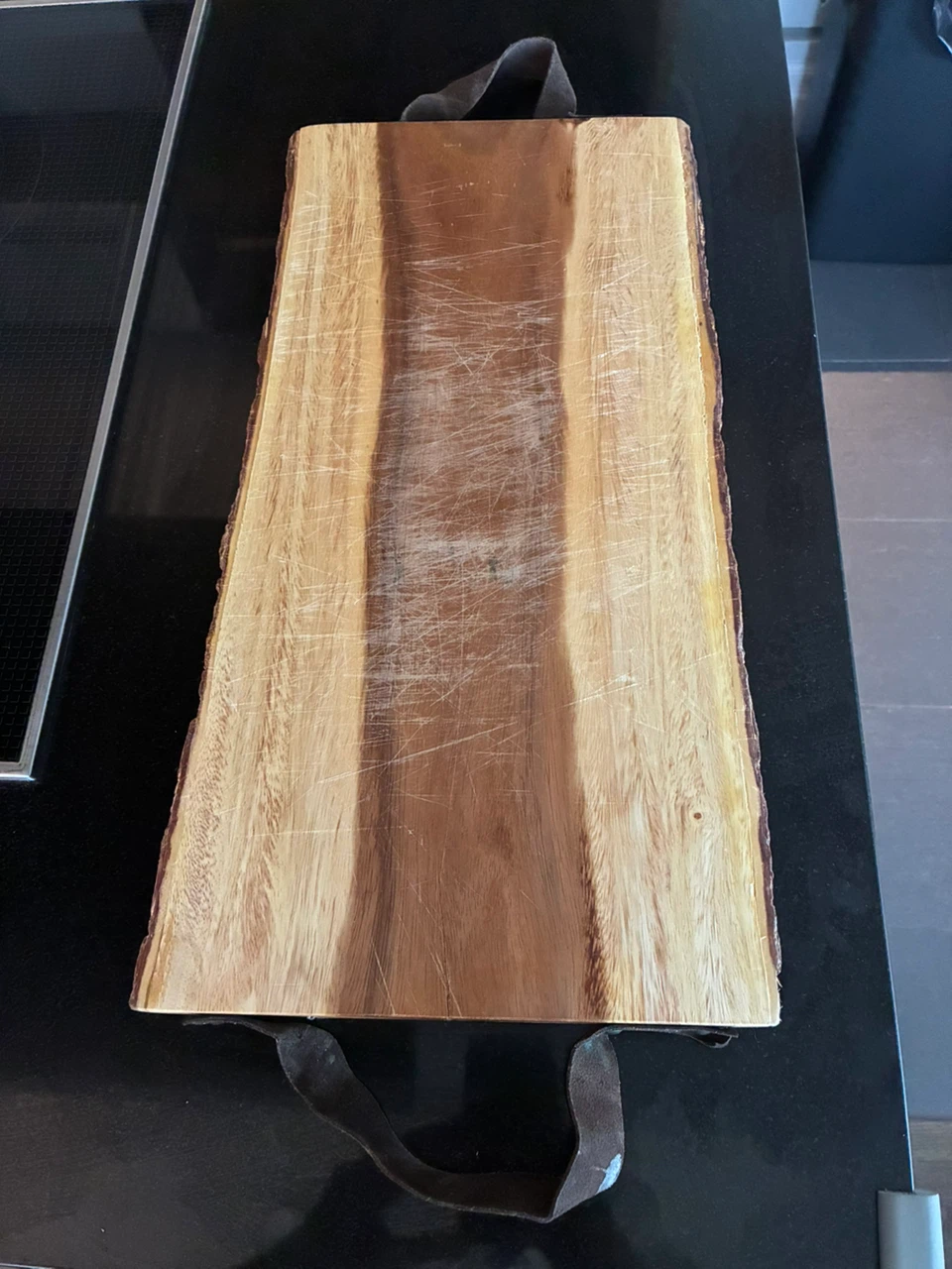 Live Edge Wood Serving Board with Leather Handles