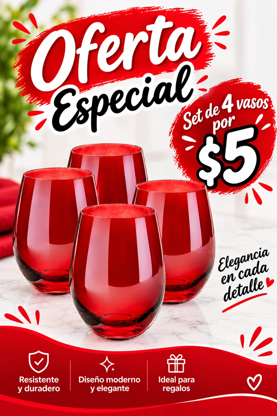 Set of 4 Red Stemless Glasses