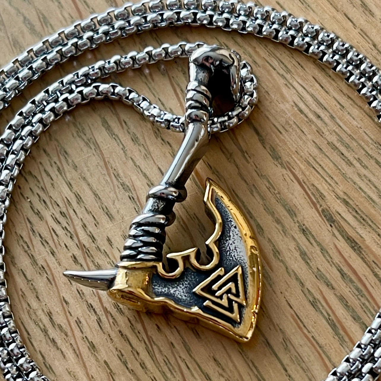 Two tone Viking Axe Valknut stainless steel necklace