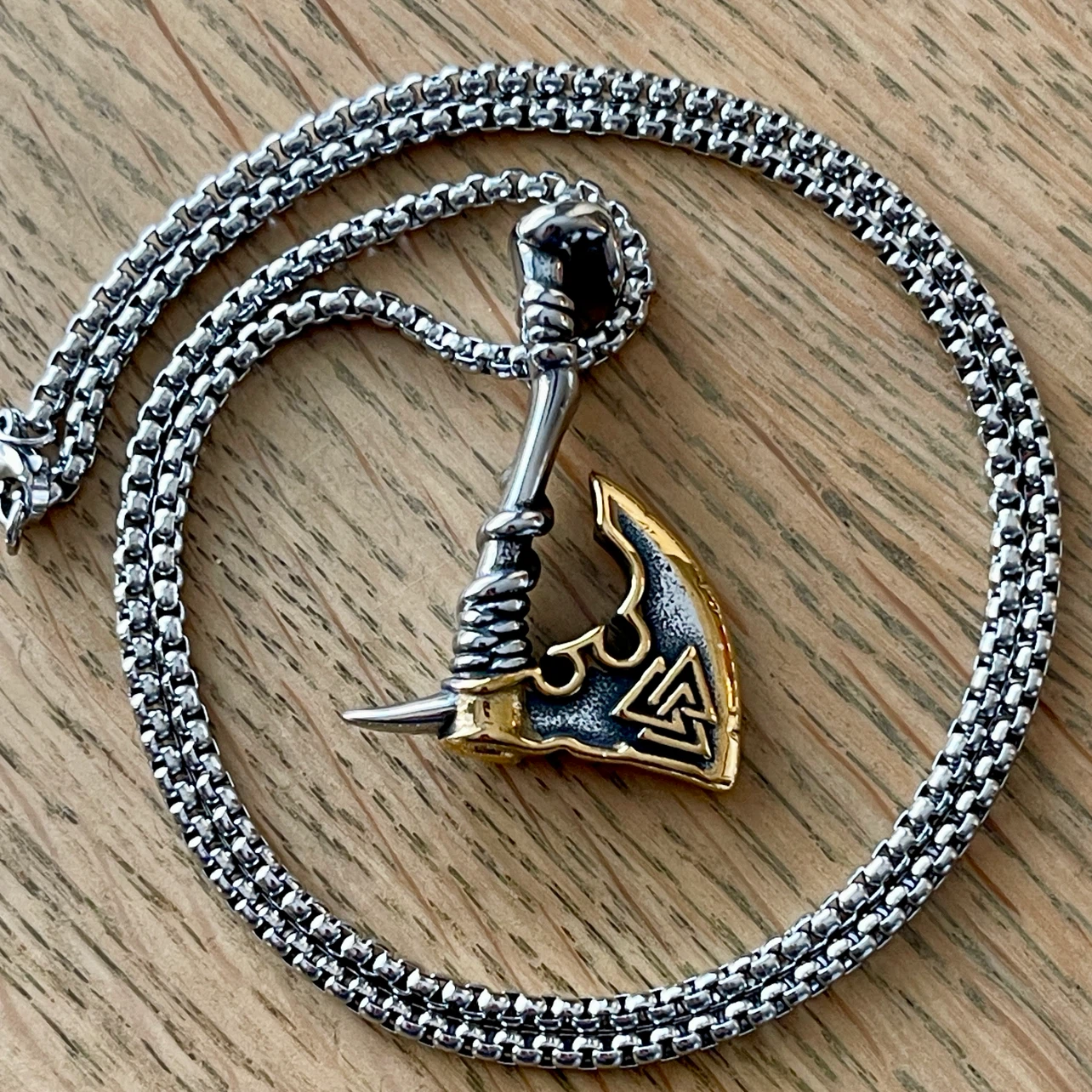 Two tone Viking Axe Valknut stainless steel necklace - photo 2