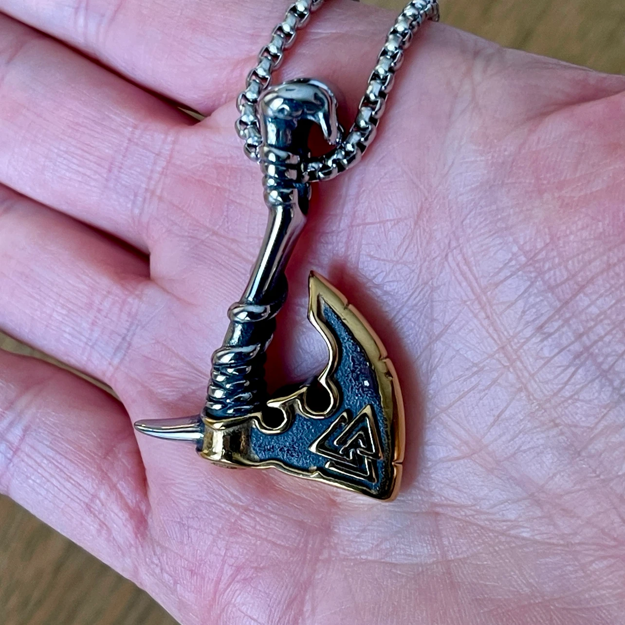 Two tone Viking Axe Valknut stainless steel necklace - photo 3