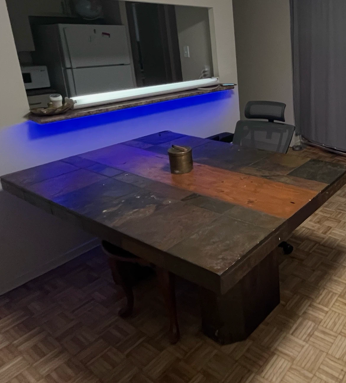 Square slate and wood dining table