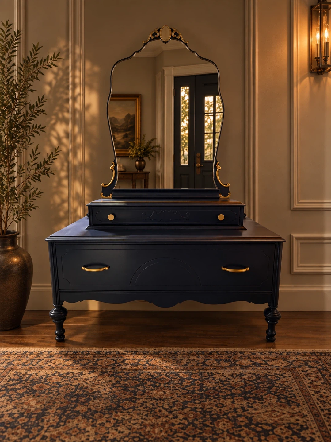 Vintage Navy Blue Vanity with Mirror & Brass Hardware