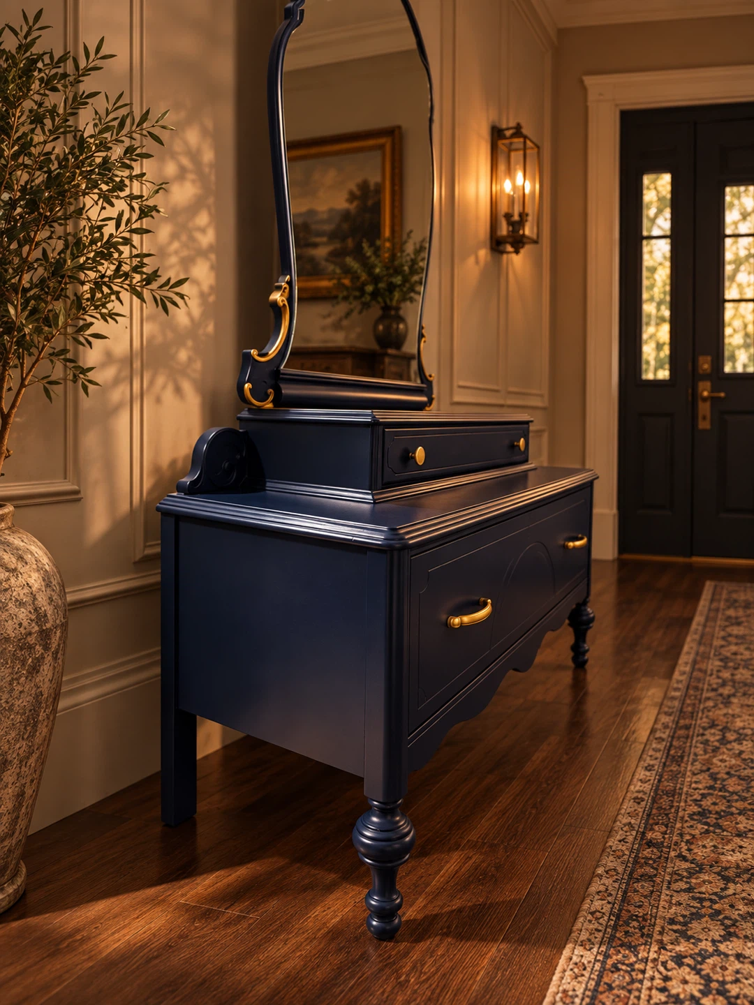 Vintage Navy Blue Vanity with Mirror & Brass Hardware - photo 2